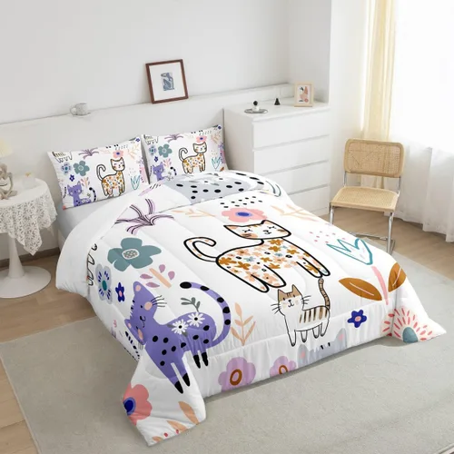 Miniatura 3 de Feelyou Juego de edredón de dibujos animados de gatos, juego de edredón de gatitos y flores, para niños, niñas, adolescentes, mascotas, gatos, juego