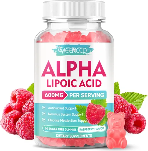 MEENCCD Gomitas de ácido alfa lipoico de 600 mg - Suplemento ALA para apoyo antioxidante, vegano, sin azúcar, sabor frambuesa, 60 unidades