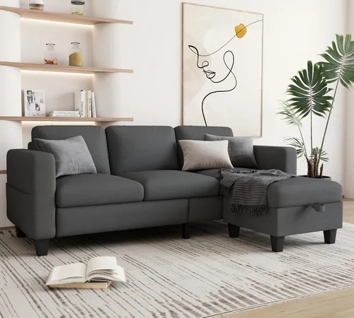 Grzyhem Camillas seccionales para sala de estar, sofá convertible en forma de L, sofá moderno de lino gris de 3 plazas, sofás de 78 pulgadas con