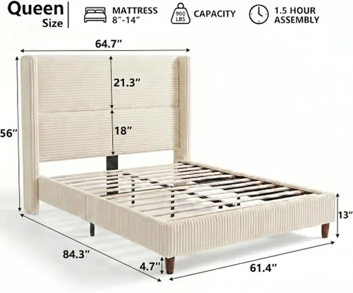 Miniatura 2 de WEUP Queen Bed Frame with Tall Headboard, 56" Corduroy Upholstered Bed Frames, Premier Modern Sturdy Wingback Cloud Bed-Frame Platform, Thicker
