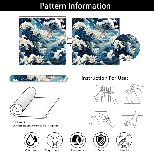 Miniatura 7 de Vinatge Janpanese - Papel tapiz autoadhesivo con mosaico azul y amarillo de olas marinas, para gabinetes de cocina, apto para inquilinos, 14.5 pies
