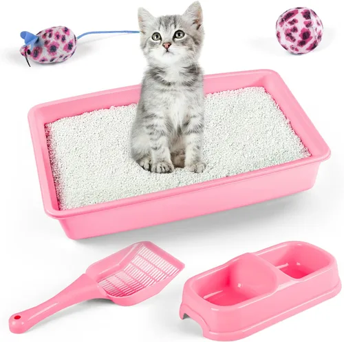 Miniatura 7 de PAWISE Kit de caja de arena para gatos recién nacidos, kit de 5 piezas con bandeja de arena de entrada baja, cuchara, cuencos de alimentación y Rosa
