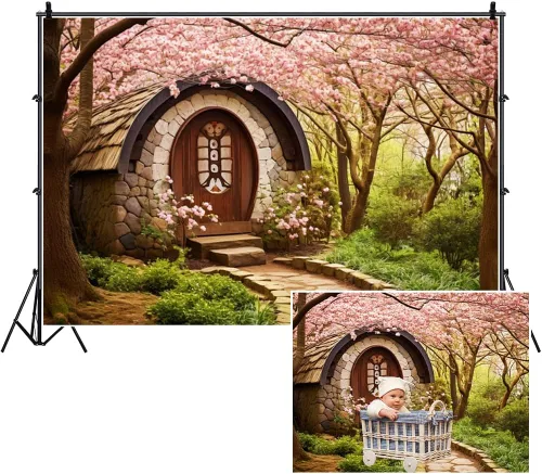Miniatura 2 de Telón de fondo de jardín de primavera de 5 x 3 pies con flores de cerezo rosa, camino de piedra, paisaje natural, fondo de fotografía para viajes al