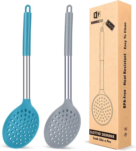 Miniatura 10 de Juego de 2 cucharones de cocina con ranuras grandes y resistentes al calor, sin BPA, antiadherentes, para escurrir y freír (negro y rojo)