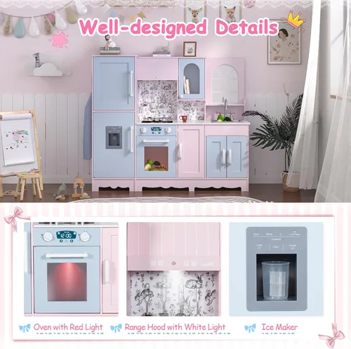 Miniatura 3 de BRINJOY Juego de cocina para niños, juego de cocina de madera para niños con grifo, fregadero, estufa, horno, ventana, utensilios de cocina, Rosa