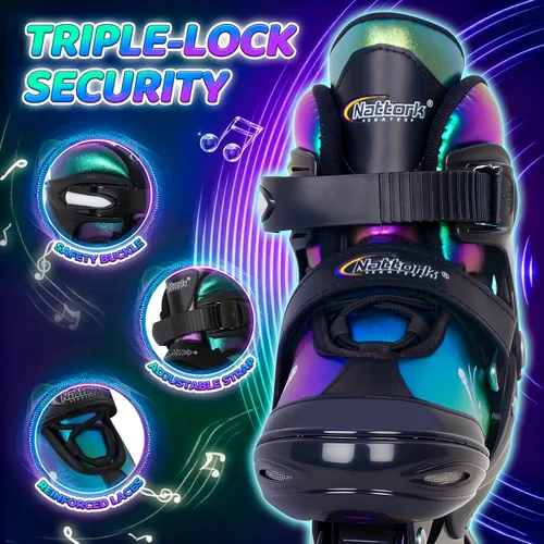 Miniatura 3 de Nattork Patines en línea ajustables para niños y adolescentes con ruedas iluminadas, color degradado, deslizamiento suave Negro