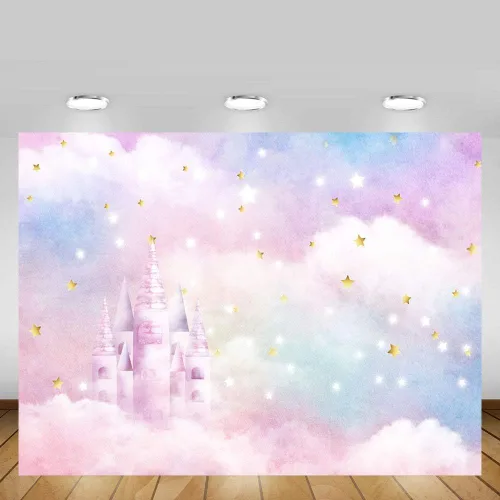 Miniatura 3 de MEHOFOND Acuarela de arco iris pastel para estudio fotográfico, decoración de fondo para cabina de estudio fotográfico, estrellas doradas, nube
