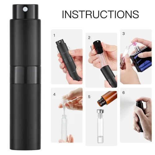Miniatura 6 de LISAPACK Botella de spray de perfume de 8 ml con atomizador para viajes, dispensador de colonia recargable vacío, rociador portátil (Negro mate)