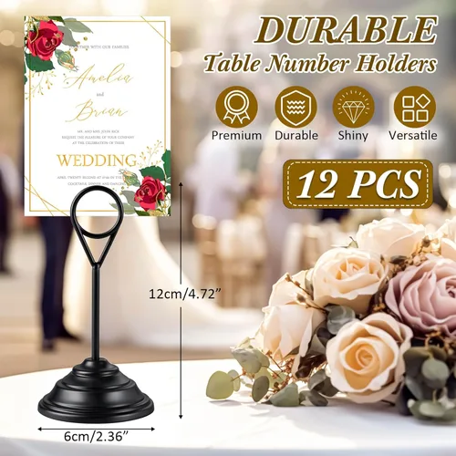 Miniatura 2 de 12 soportes de metal para números de mesa, soportes de mesa para fotos, menús, notas, Navidad, boda, restaurante, banquete, cumpleaños (negro)