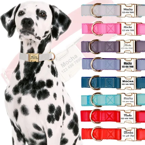 Miniatura 6 de Custom Large Dog Collar Solid Color Personalized Pet Collar Leather & Nylon Puppy Dogs ID Collars Engraved Name for Small Medium Large Dog