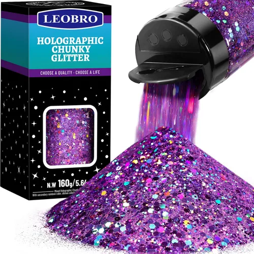 Miniatura 19 de LEOBRO - Purpurina dorada, 160g/5.64oz, purpurina holográfica gruesa para manualidades, resina, uñas, cuerpo, vasos, decoraciones de fiesta Láser Oro