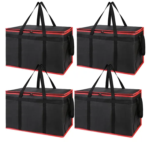 Miniatura 16 de Bolsa térmica, suave y aislada, bolsa de alimentos plegable para entrega de alimentos, portátil, color negro, paquete de 4, tamaño L