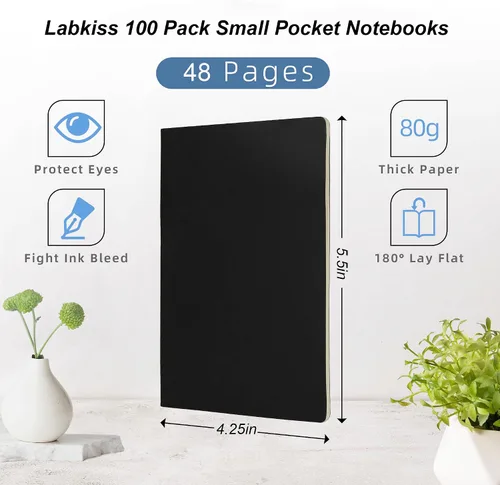 Miniatura 5 de Paquete de 100 cuadernos pequeños en blanco y diario a granel, cubierta negra, papel grueso sin forro, 4.25 x 5.5 pulgadas, 48 páginas, cuaderno