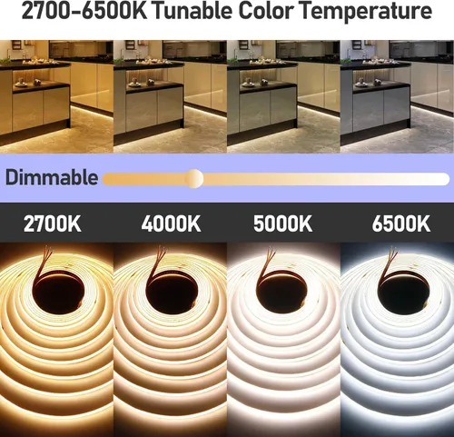 Miniatura 5 de GOMING 24V 10M(32.8ft) 3Pin 8mm Width CCT COB LED Strip 2700K-6500K Tunable White 576LED/M CRI 93+ Flexible IP20 Not Waterproof LED Tape Lights for