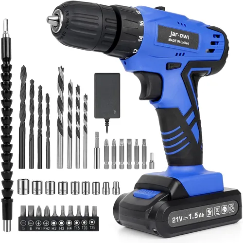 Miniatura 9 de Jar-Owl taladro inalámbrico de 21 V, par de 350 pulgadas/libra, velocidad variable de 0-1350 RPM, portabrocas sin llave de 10 mm y 3/8 pulg