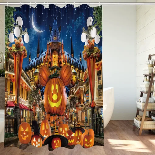 Miniatura 3 de Cortina de ducha de Halloween para baño, niños, caricatura, calabaza, sombrero de mago, luna, castillo, estrella, lámpara de calle, decoración