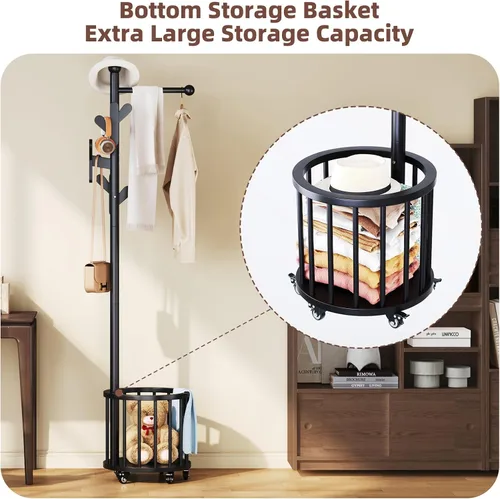 Miniatura 6 de CozyDH Perchero de madera con soporte para paraguas y ruedas, perchero independiente con múltiples ganchos, resistente para entrada, dormitorio