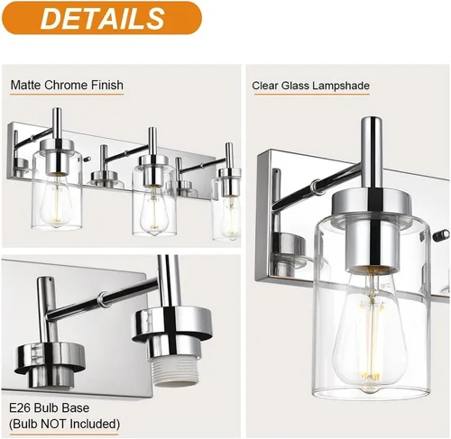 Miniatura 5 de Iluminación moderna de baño con pantalla de vidrio transparente, 4 luces para tocador, lámpara de pared industrial con acabado en cromo, apliques