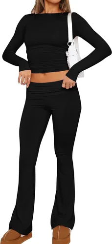 ICOBID Conjunto de 2 piezas para mujer, camiseta corta básica de manga larga y leggings acampanados, pantalones de yoga de cintura baja