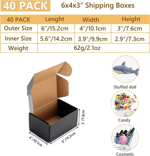 Miniatura 2 de EXYGLO Paquete de 40 cajas de envío de 6 x 4 x 3 pulgadas, cajas de cartón corrugado negras para embalaje de pequeñas empresas, mudanza, envío