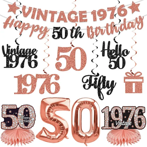 Yatufom - Decoraciones de cumpleaños número 50 para mujer, diseño vintage de 1976, color oro rosa, centro de mesa, centro de mesa, espirales Oro