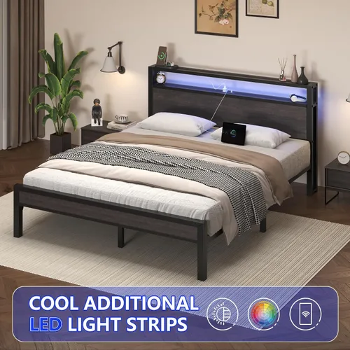Miniatura 4 de E-Motie Base de cama de tamaño matrimonial con luces LED y estación de carga, cabecera de almacenamiento de madera con estantes de 2 niveles