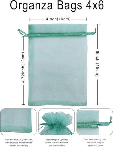 Miniatura 2 de Jexila 100 bolsas de organza verde azulado transparente de 4''x6' pulgadas, pequeñas bolsas de regalo de joyería con cordón de malla para baby