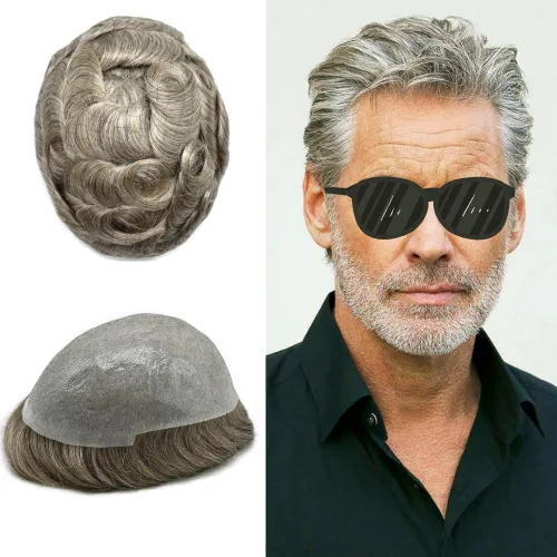 Miniatura 34 de Pieza de pelo para hombre, sistema de reemplazo de cabello de piel ultra fina para hombres, pieza de pelo de tupé para hombres, cabello humano real