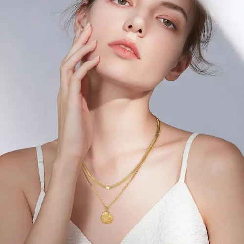 Miniatura 3 de Secroma Collares de oro en capas para mujer, collar de medallón de moneda de 16 quilates, gargantilla de cadena de serpiente, collar de acero