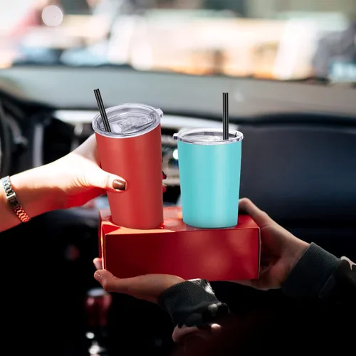 Miniatura 6 de VEGOND Vaso de 20oz a granel con tapa y pajita, vaso aislado al vacío de acero inoxidable de doble pared para café, viaje, paquete de 1 unidad, Rojo