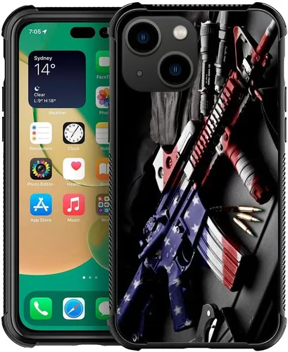 Miniatura 47 de ZHEGAILIAN Funda compatible con iPhone 14, funda de munición AK 47, parte trasera de vidrio templado+funda protectora de TPU de silicona suave