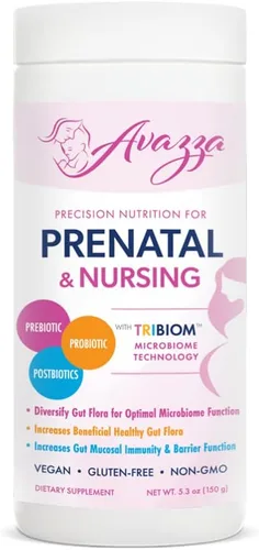 Fórmula prenatal Avazza con fórmula TriBiom: probióticos + prebióticos + posbióticos para nutrir y estabilizar contra el intestino permeable.