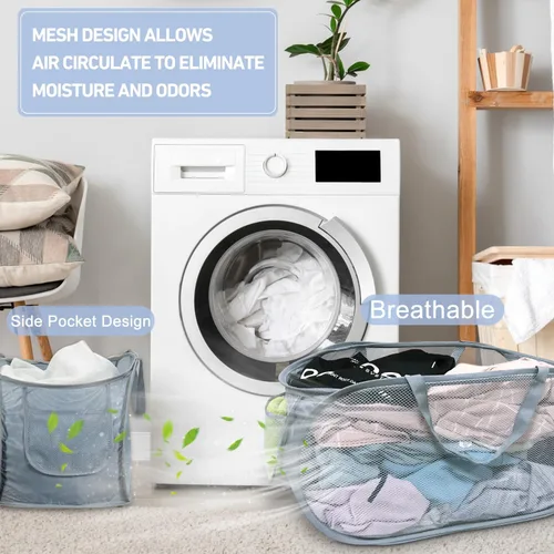 Miniatura 2 de 2 cestas de malla para la ropa sucia, canastas plegables para la ropa sucia, 75 litros, cesta de almacenamiento horizontal con bolsillo lateral y 1