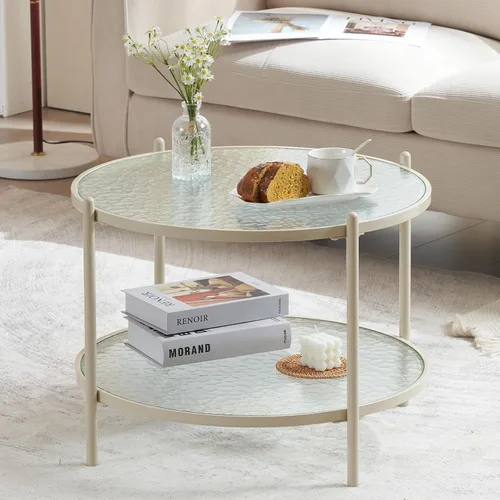 Miniatura 9 de VINGLI Mesa de Centro Redonda Pequeña de 25.6" Blanco Crema con Vidrio de Onda de Agua Círculo Transparente Mesa de Centro, Mesa Central con Diseño