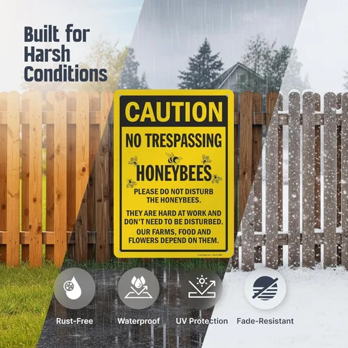 Miniatura 2 de SmartSign Letrero de metal con texto en inglés "Caution - No Trespassing, Honeybees" de 14 x 10 pulgadas, aluminio laminado a prueba de óxido, negro