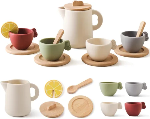 Juego de fiesta de té para niños, juego de té de madera para niñas y niños pequeños, accesorios de cocina de juego para niños, juego de té apto para