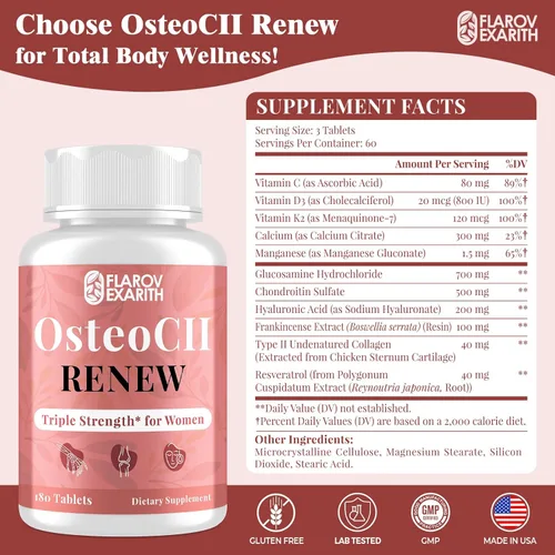 Miniatura 7 de Suplementos articulares para mujeres OsteoCII Renew Triple Strength - Fórmula avanzada para articulaciones, huesos y piel - colágeno, glucosamina