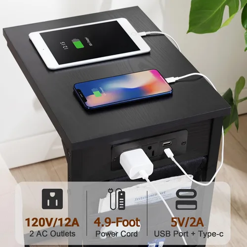 Miniatura 5 de AMHANCIBLE - Mesa auxiliar en forma de C con estación de carga, juego de bandeja para TV de 2 piezas, mesas de sofá con bolsa de almacenamiento