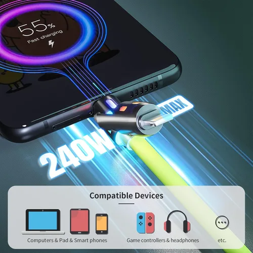 Miniatura 3 de Cable USB C a Lightning, cable de carga 4 en 1 de 240 W, 5 pies, cable de carga múltiple USB A/C a C/Lightning con luz para iPhone 16/15/14/13