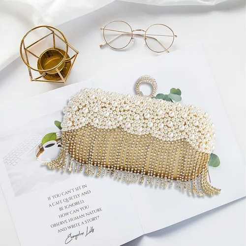 Miniatura 6 de CORIOS Bolso de noche para mujer, bolso de mano de perlas con borlas de cristal, bolso de mano de diamantes de imitación
