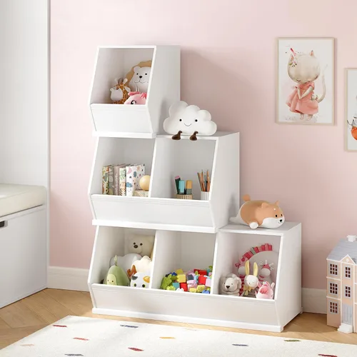 Miniatura 6 de UTEX Armario apilable de almacenamiento de juguetes, organizador de cubos de madera, estante blanco para sala de juegos, dormitorio, sala de estar