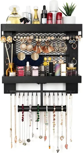 Miniatura 6 de Pinzoveco Organizador de joyas colgante montado en la pared con soporte organizador de joyas de pared para collares, pulsera, aretes, anillo (negro)