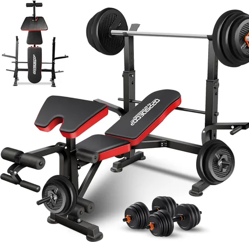 OPPSDECOR ZWX1113 - Juego de banco de pesas 6 en 1 de 900 libras con estante para sentadillas, banco de entrenamiento con extensión de piernas, Rojo