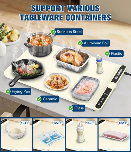 Miniatura 4 de Tapete de calentamiento de alimentos, bandeja de calentamiento eléctrico de calentamiento rápido con 9 ajustes de temperatura y temporizador de 6