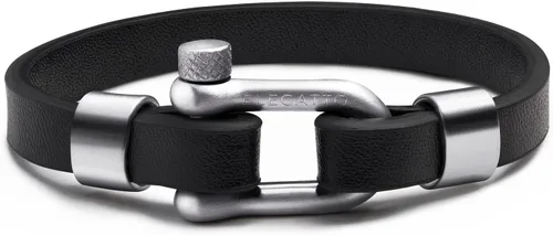 Miniatura 6 de Elegatto Morelle Pulsera de cuero premium para hombre Piel de grano entero color negro con cierre de grillete de acero inoxidable pulido