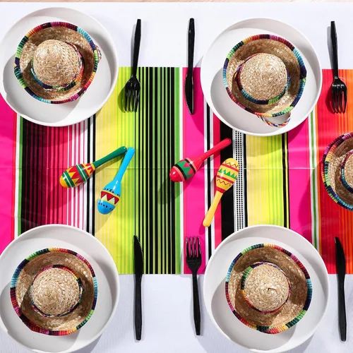 Miniatura 7 de Preboun 6 piezas de camino de mesa mexicano de plástico Dia De Los Muertos Serape Camino de mesa 14 x 108 Fiesta mexicana colorido a rayas para Rosa