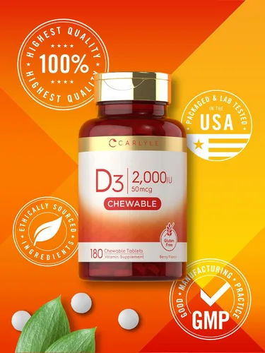 Miniatura 6 de Carlyle Tabletas masticables de vitamina D3 de 2000 UI (50 mcg) 180 unidades Sabor a bayas Vegetariano, sin OMG y sin gluten