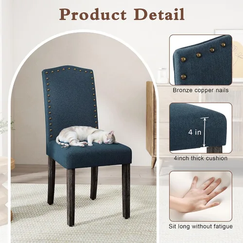 Miniatura 3 de LSSPAID Juego de 4 sillas de comedor, modernas y cómodas sillas Parsons tapizadas de lino con ribete de cabeza de clavo de bronce y patas de madera
