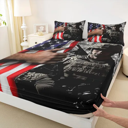 Miniatura 4 de Juego de ropa de cama de bandera estadounidense tamaño individual para niños, adolescentes y hombres, retro, verde militar, camuflaje, bandera