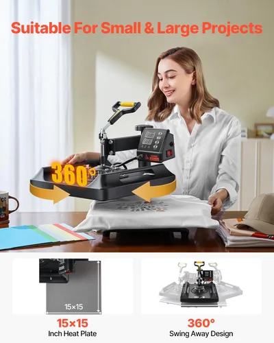 Miniatura 6 de VEVOR Máquina de prensa de calor 8 en 1 de 15 x 15 pulgadas, prensa de camisetas oscilante de 360°, transferencia de calor digital profesional por